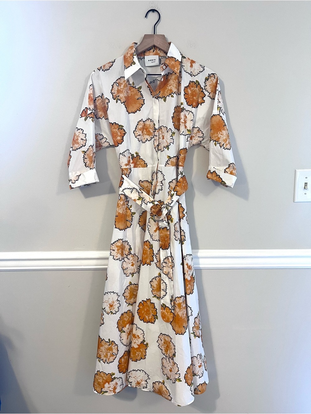 Akris Punto Women’s Carnation Print Shirt Midi Dress Size 4 Orange Collar Belt